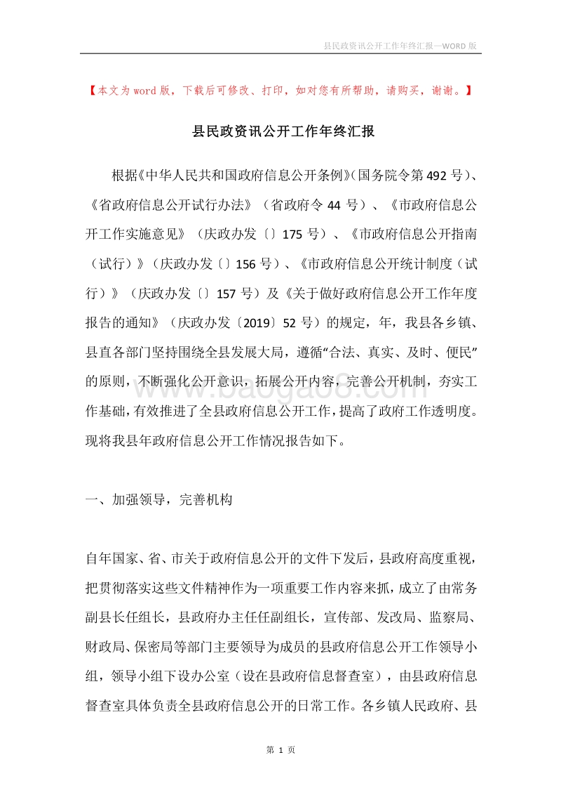 县民政资讯公开工作年终汇报.docx_第1页