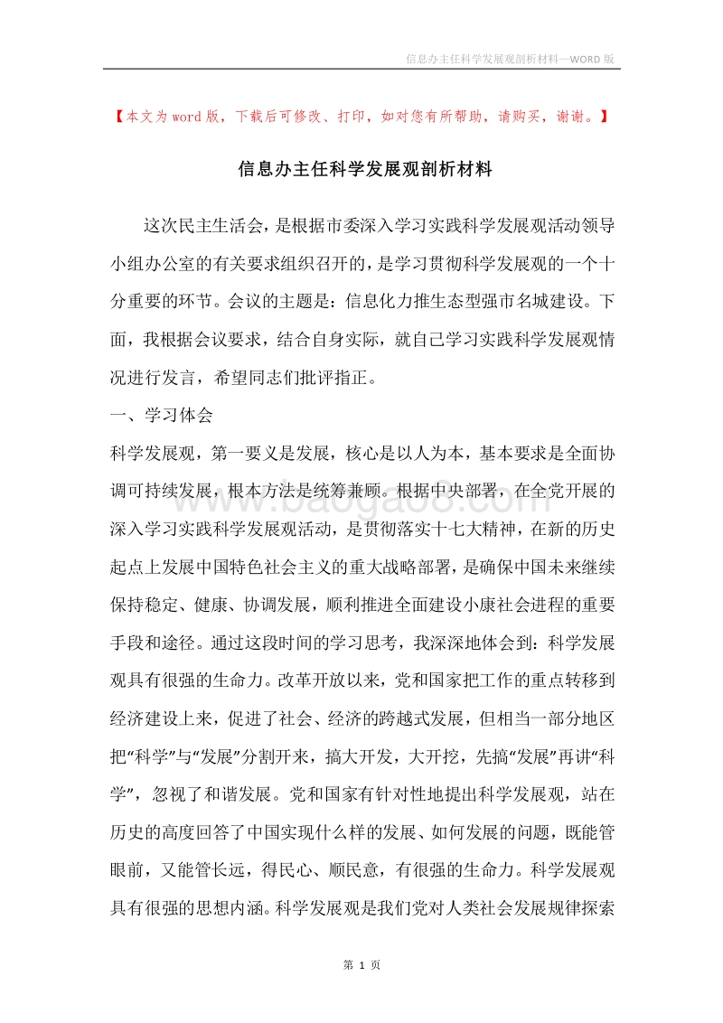 信息办主任科学发展观剖析材料.docx_第1页
