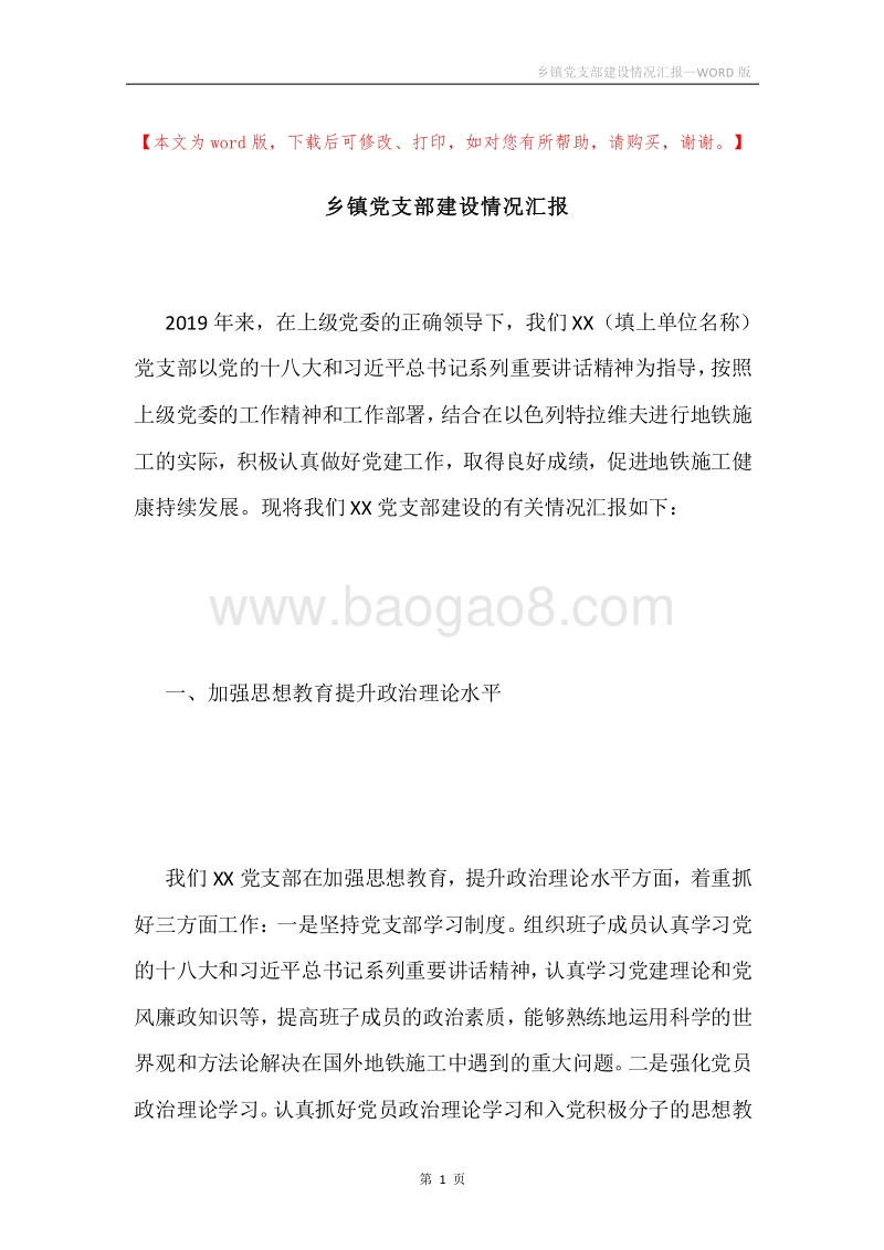 乡镇党支部建设情况汇报.docx_第1页