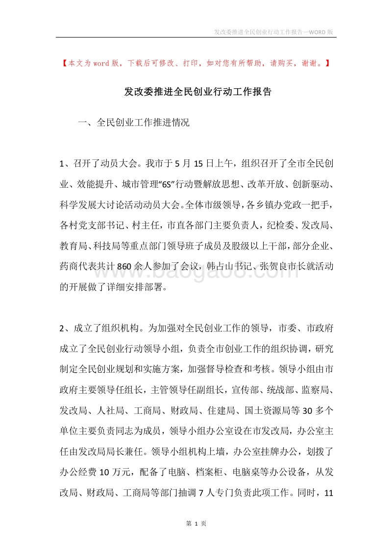 发改委推进全民创业行动工作报告.docx_第1页
