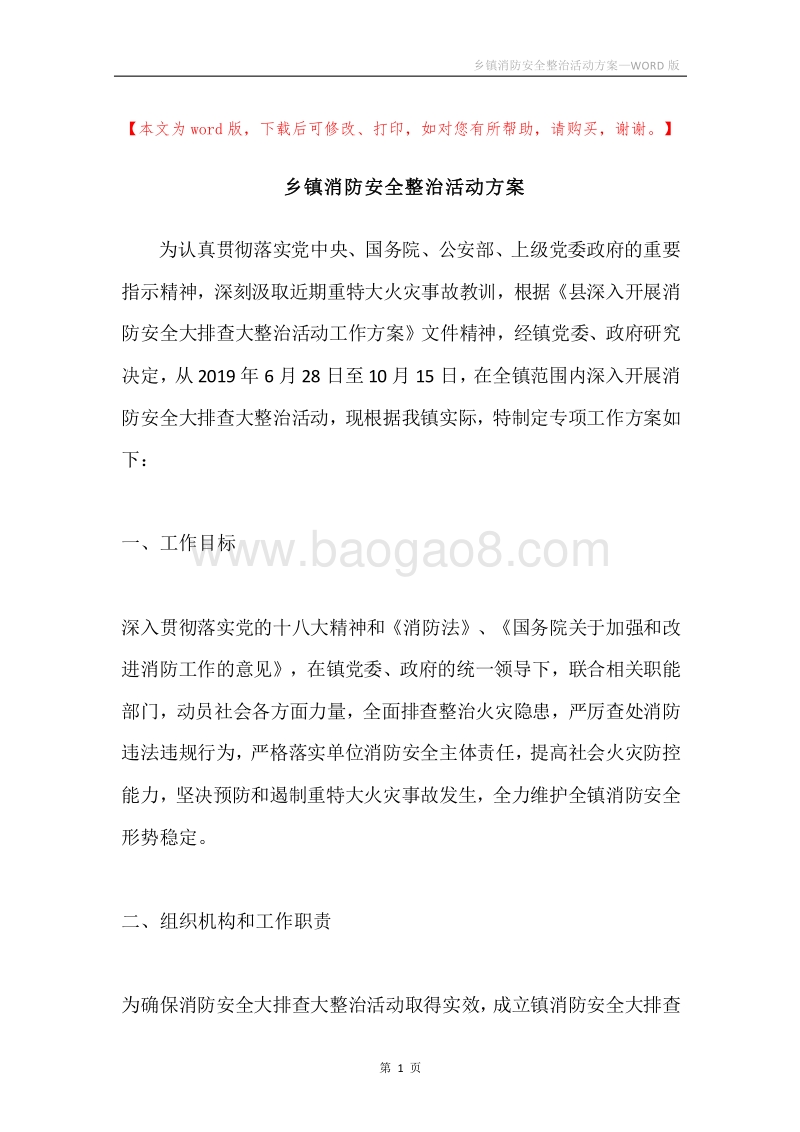 乡镇消防安全整治活动方案.docx_第1页