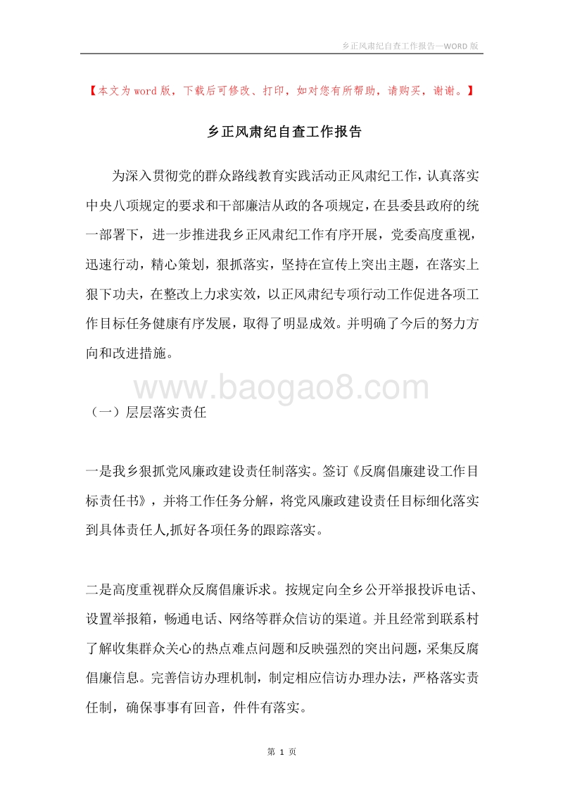乡正风肃纪自查工作报告.docx_第1页