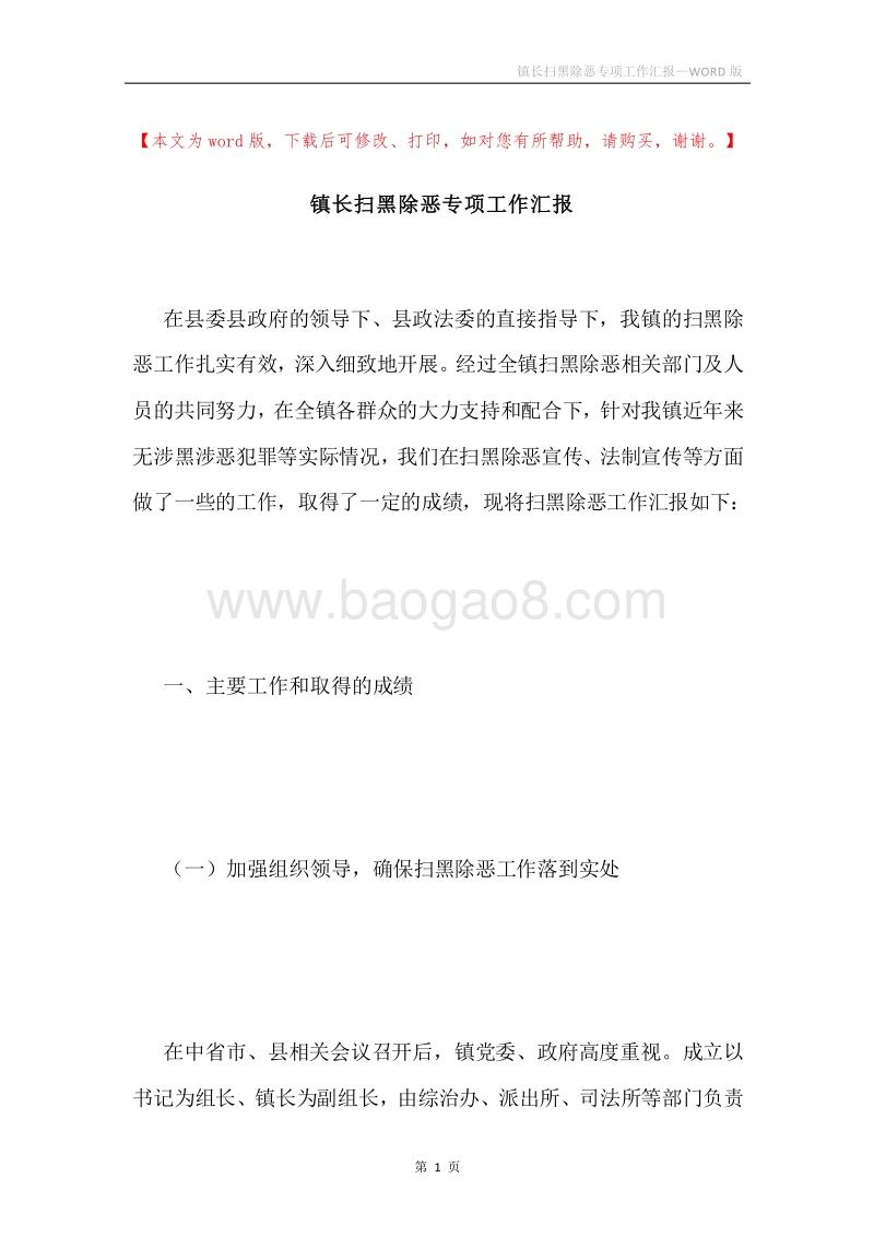 镇长扫黑除恶专项工作汇报.docx_第1页