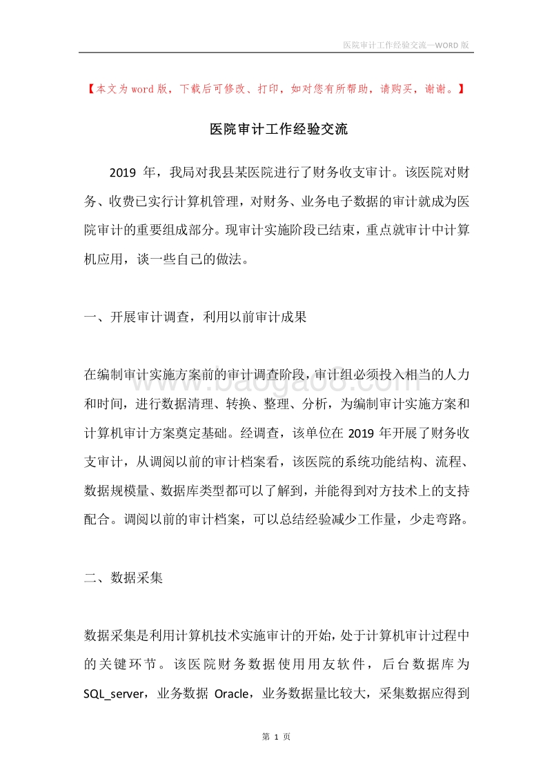 医院审计工作经验交流.docx_第1页