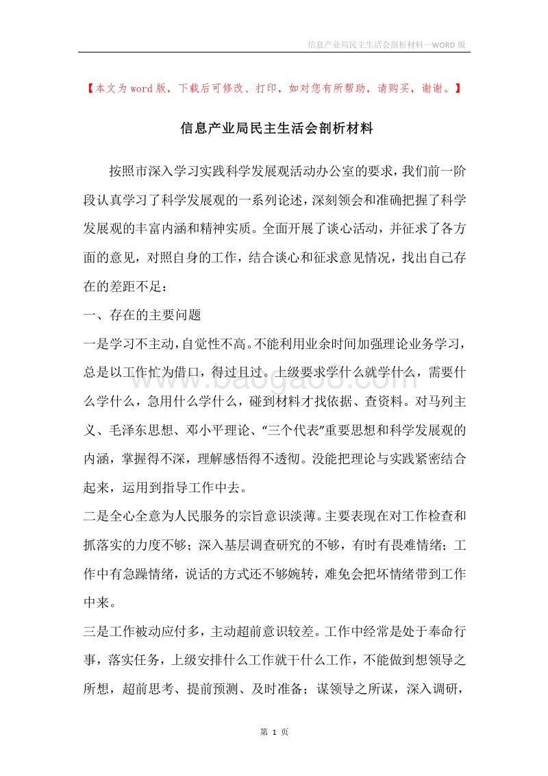信息产业局民主生活会剖析材料.docx_第1页