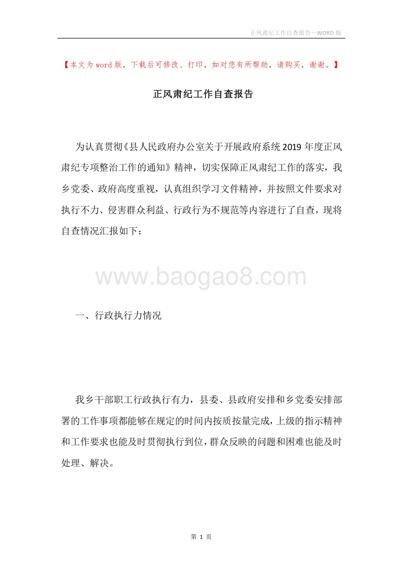 正风肃纪工作自查报告.docx_第1页