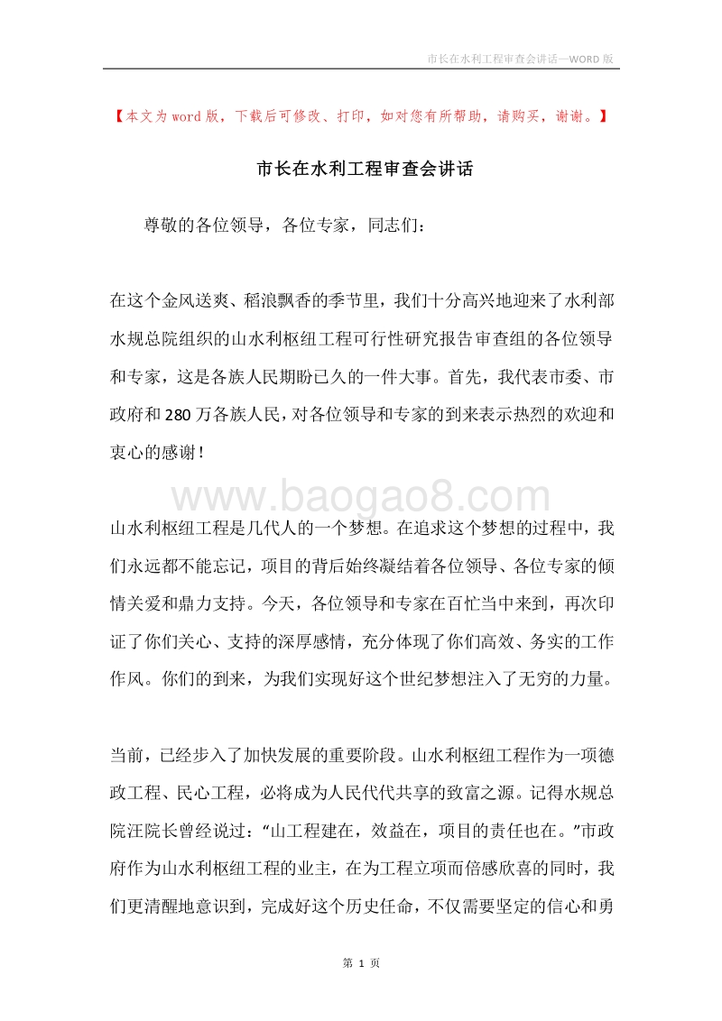 市长在水利工程审查会讲话.docx_第1页