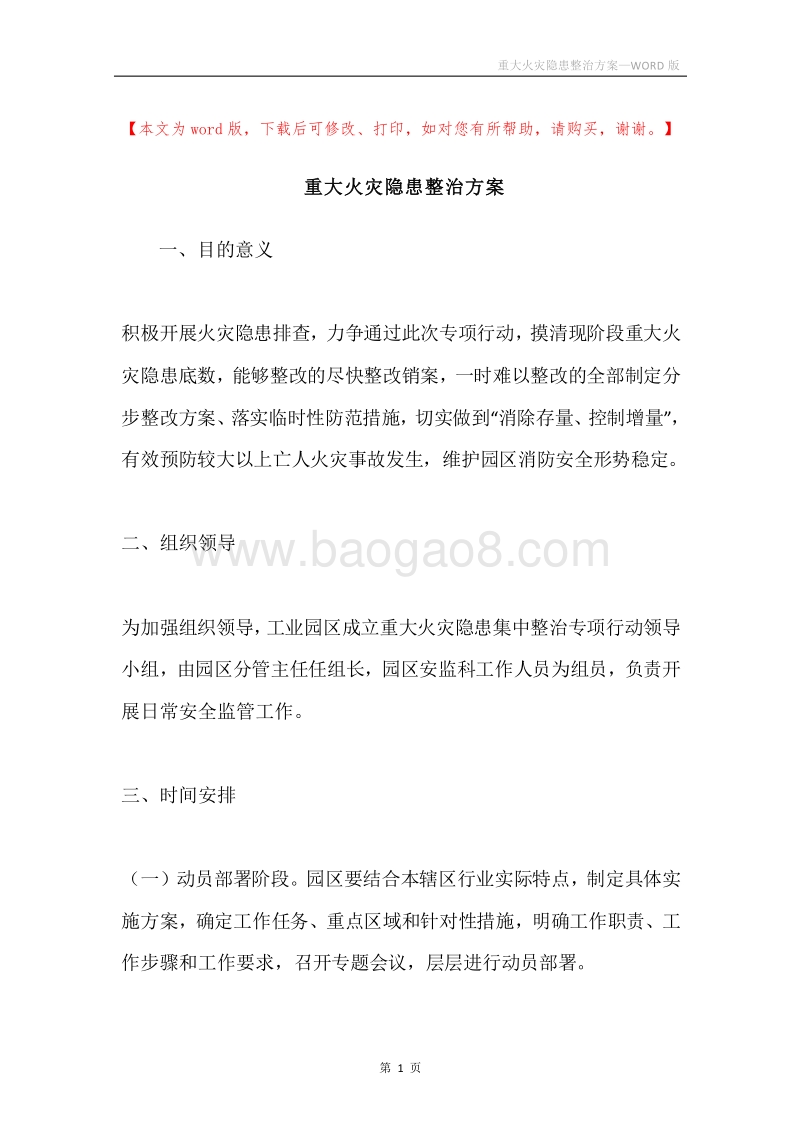 重大火灾隐患整治方案.docx_第1页