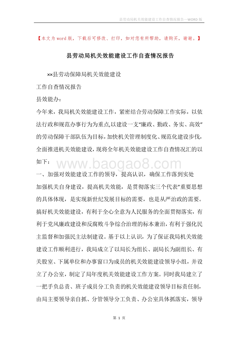 县劳动局机关效能建设工作自查情况报告.docx_第1页