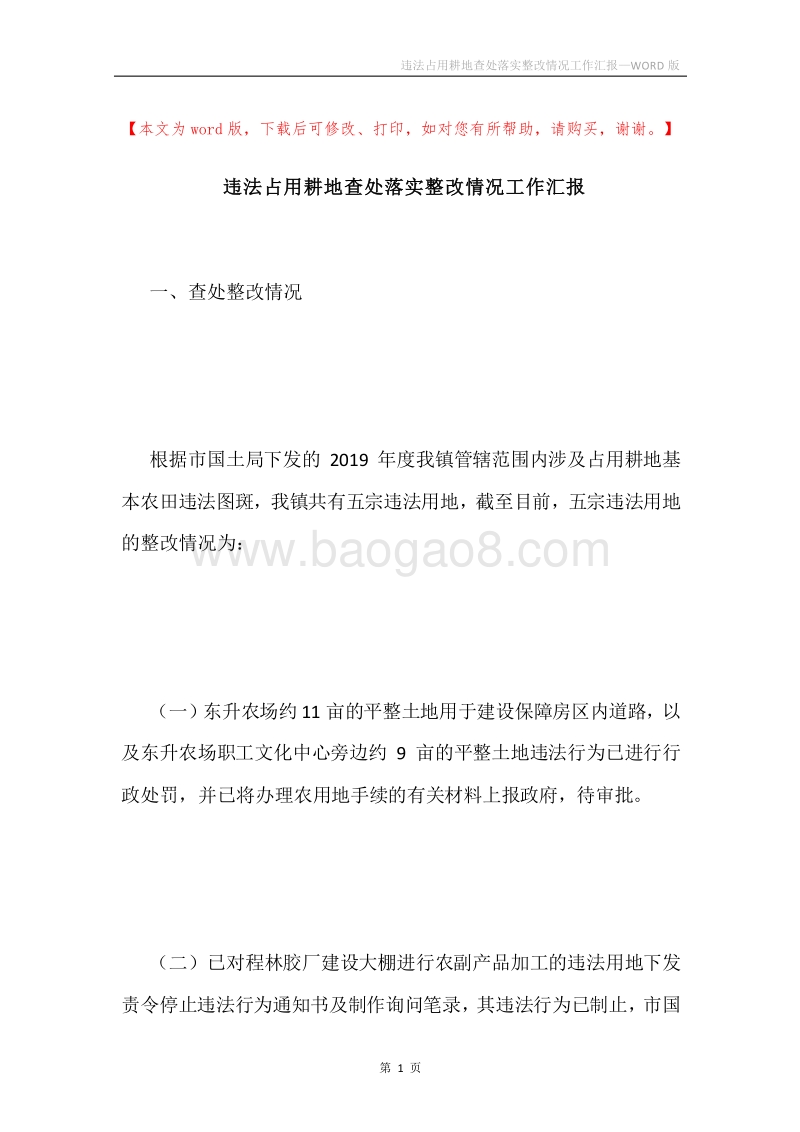 违法占用耕地查处落实整改情况工作汇报.docx_第1页