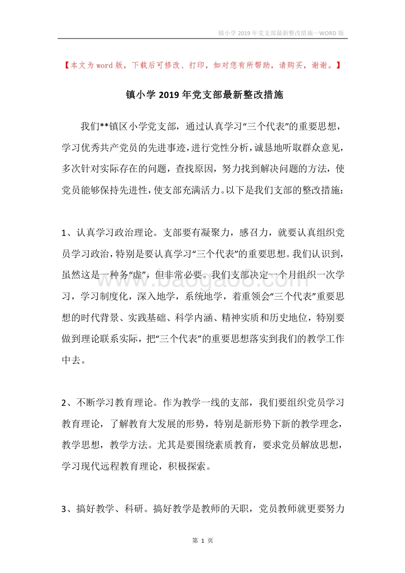 镇小学2019年党支部最新整改措施.docx_第1页