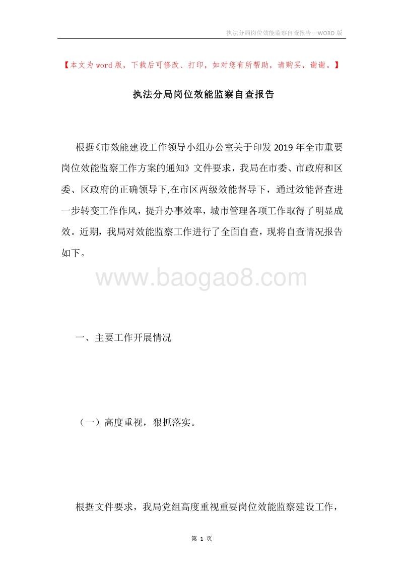 执法分局岗位效能监察自查报告.docx_第1页