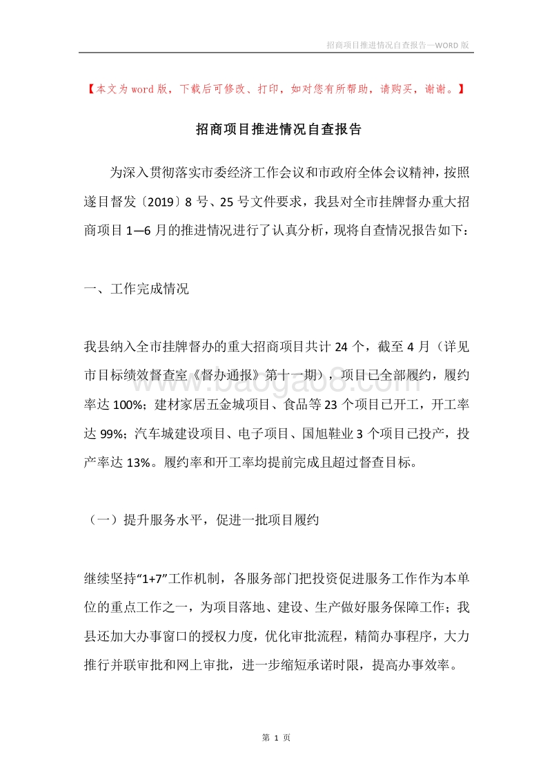 招商项目推进情况自查报告.docx_第1页