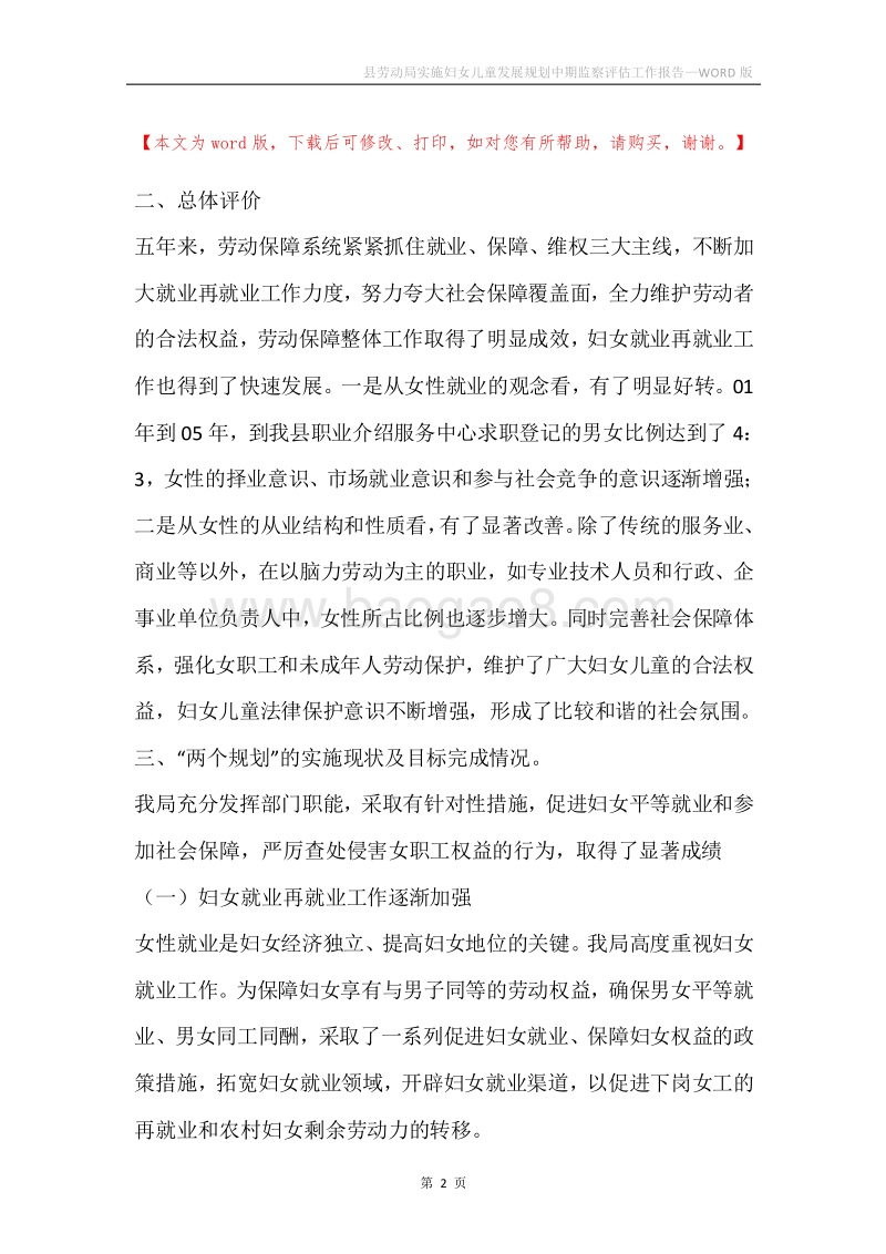 县劳动局实施妇女儿童发展规划中期监察评估工作报告.docx_第2页