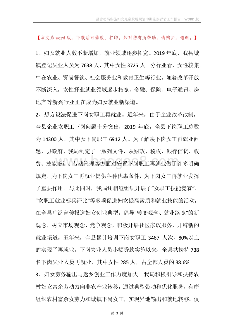 县劳动局实施妇女儿童发展规划中期监察评估工作报告.docx_第3页