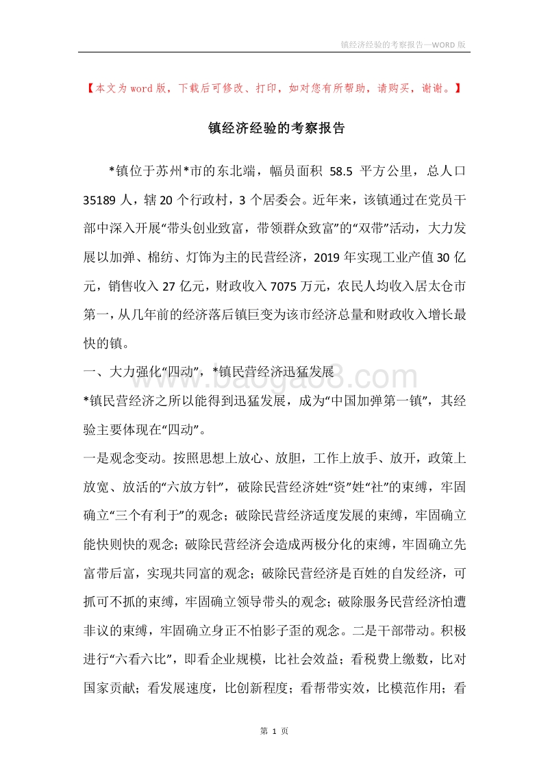 镇经济经验的考察报告.docx_第1页