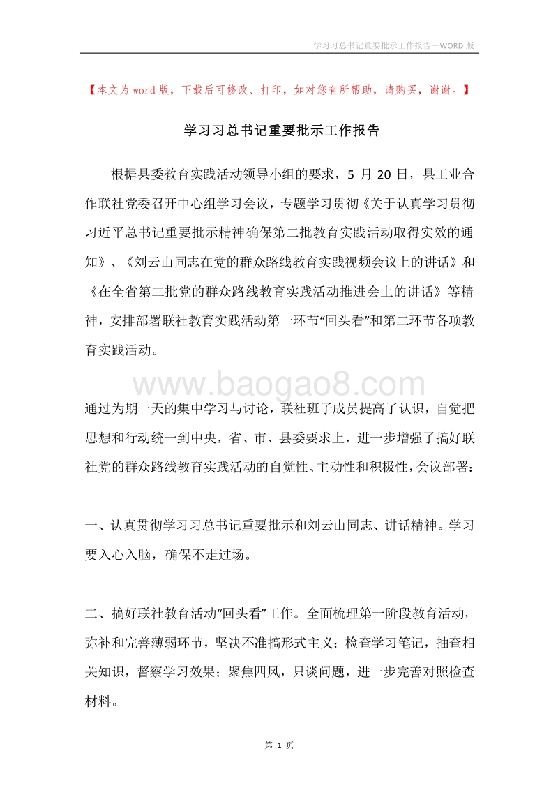 学习习总书记重要批示工作报告.docx_第1页