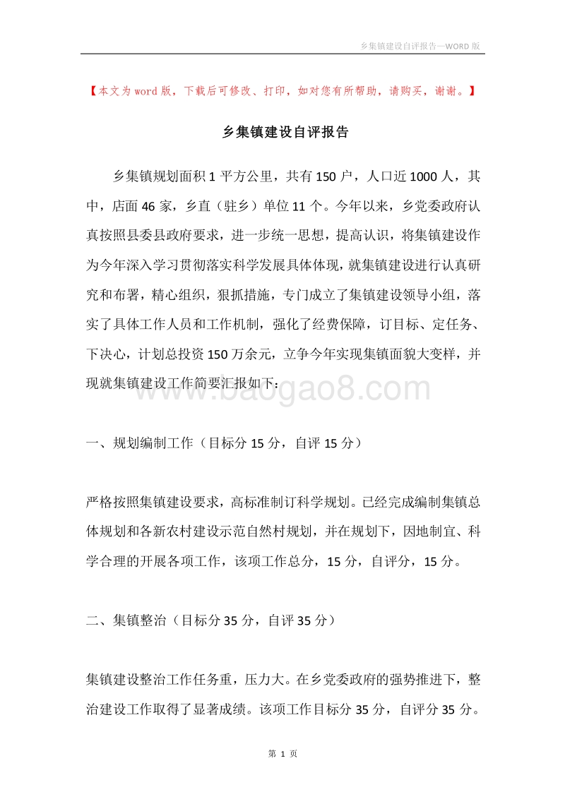 乡集镇建设自评报告.docx_第1页