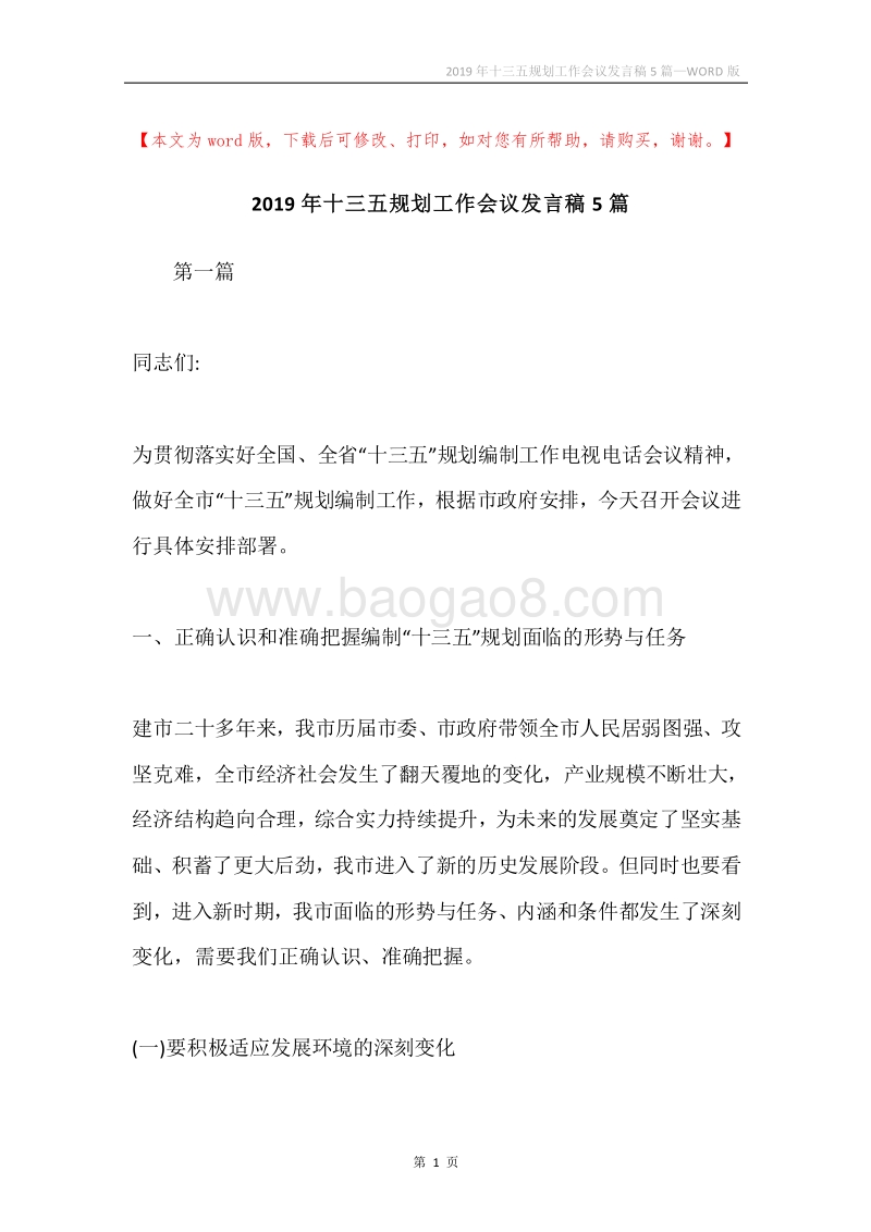 2019年十三五规划工作会议发言稿5篇.docx_第1页