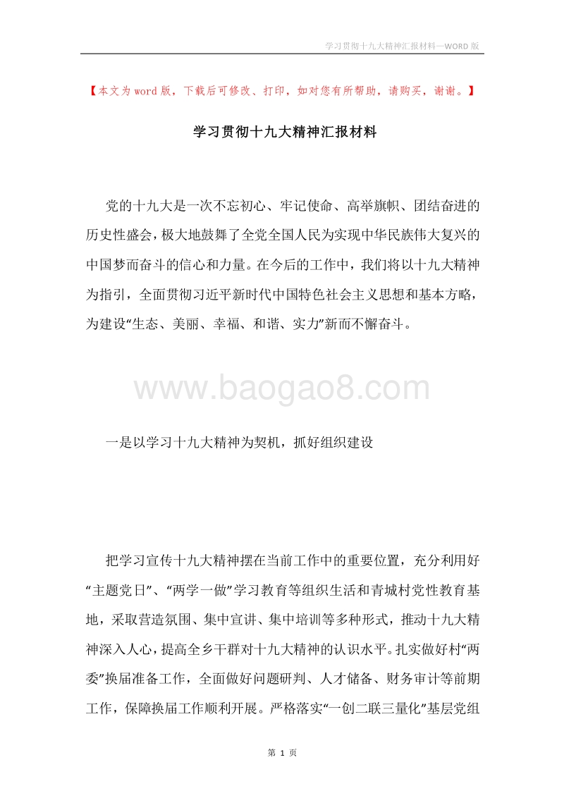 学习贯彻十九大精神汇报材料.docx_第1页