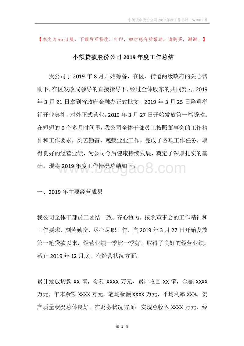 小额贷款股份公司2019年度工作总结.docx_第1页