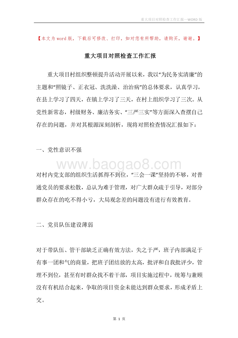 重大项目对照检查工作汇报.docx_第1页