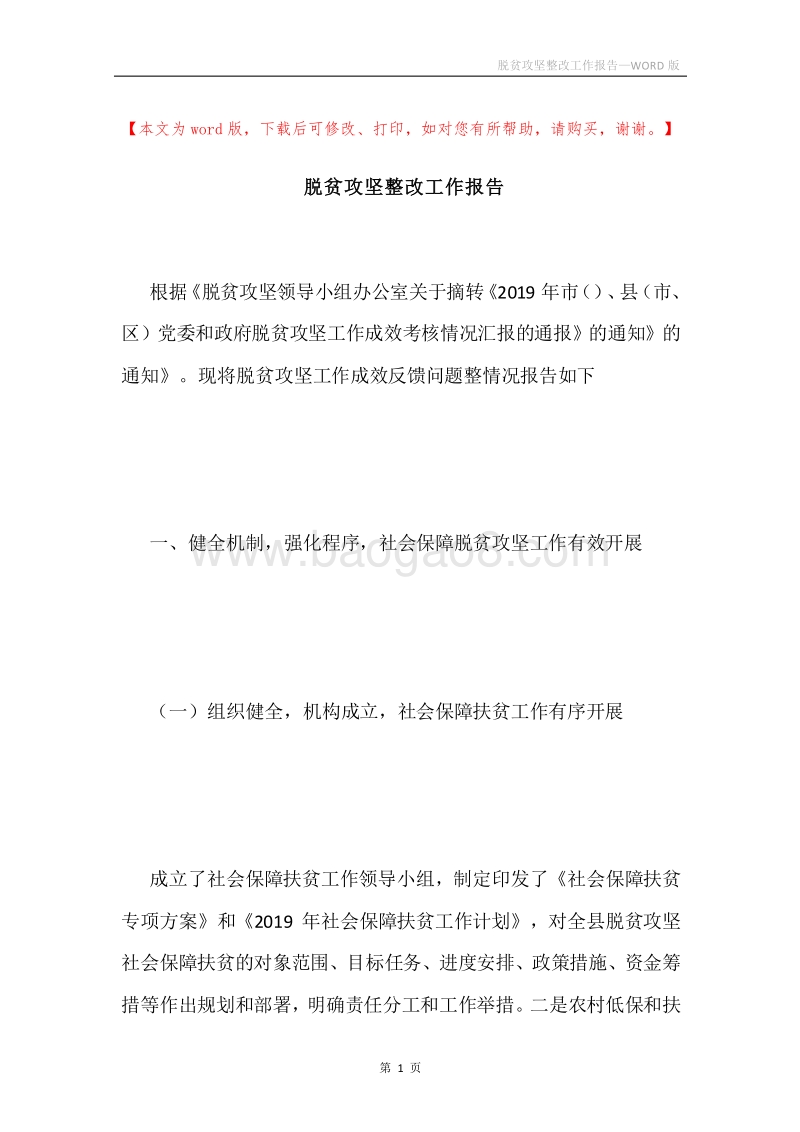 脱贫攻坚整改工作报告.docx_第1页