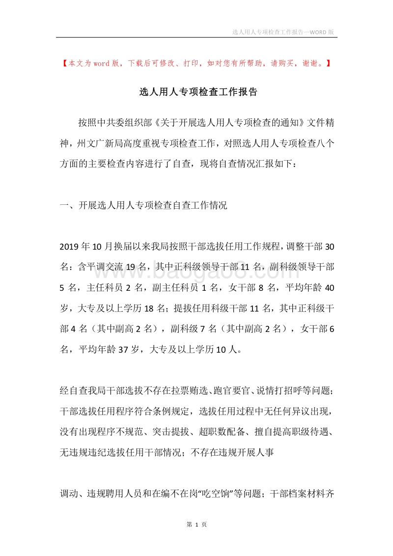 选人用人专项检查工作报告.docx_第1页