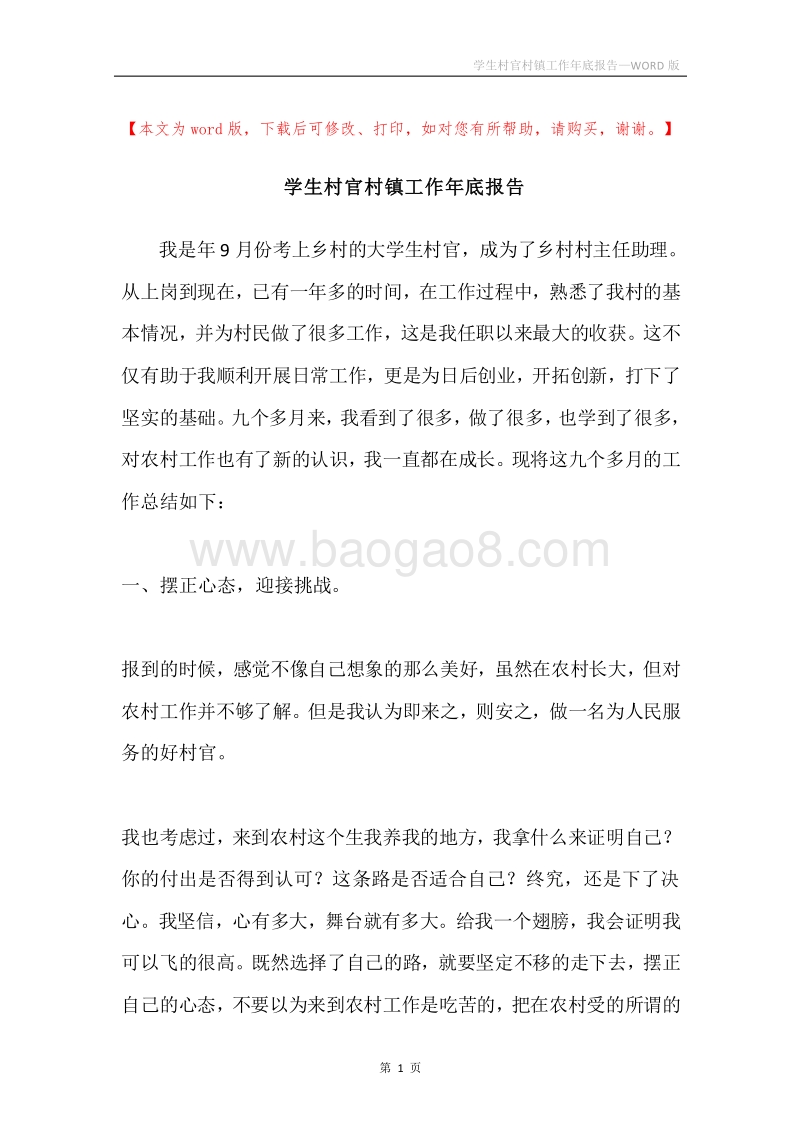 学生村官村镇工作年底报告.docx_第1页