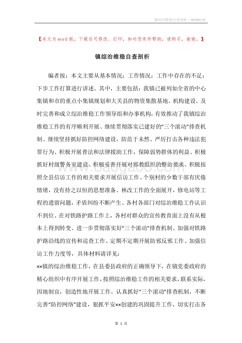 镇综治维稳自查剖析.docx_第1页