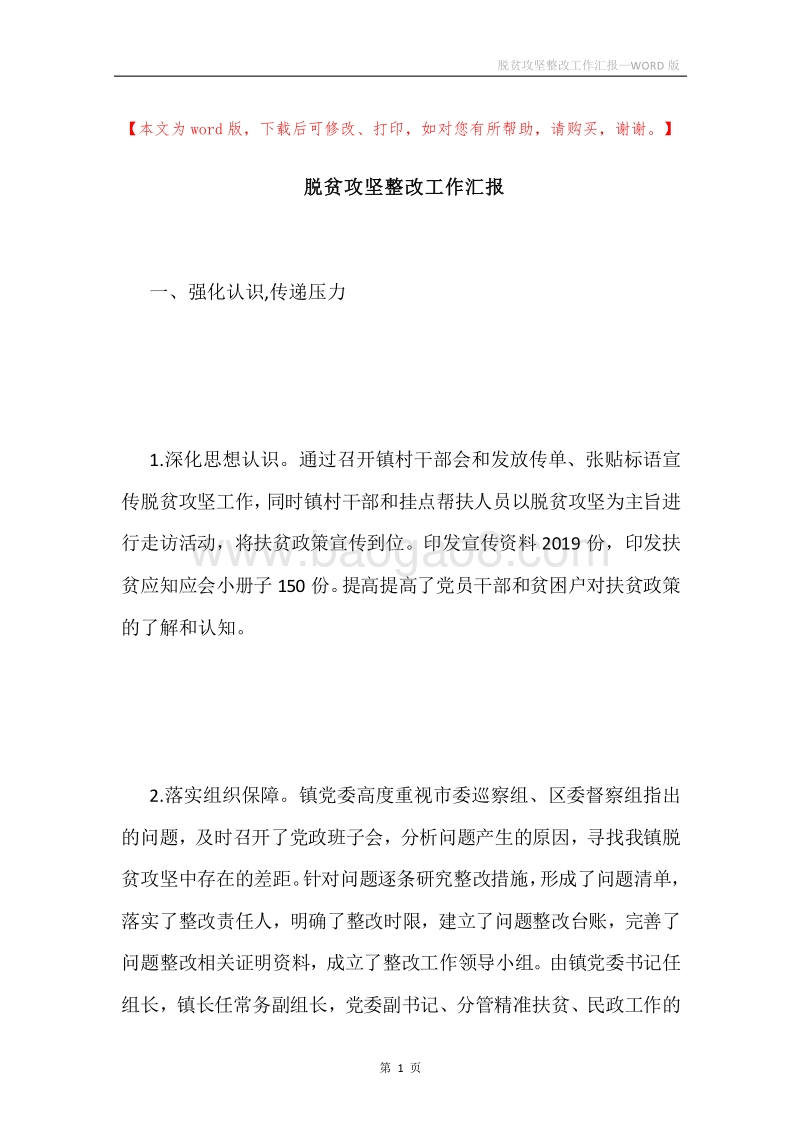 脱贫攻坚整改工作汇报.docx_第1页