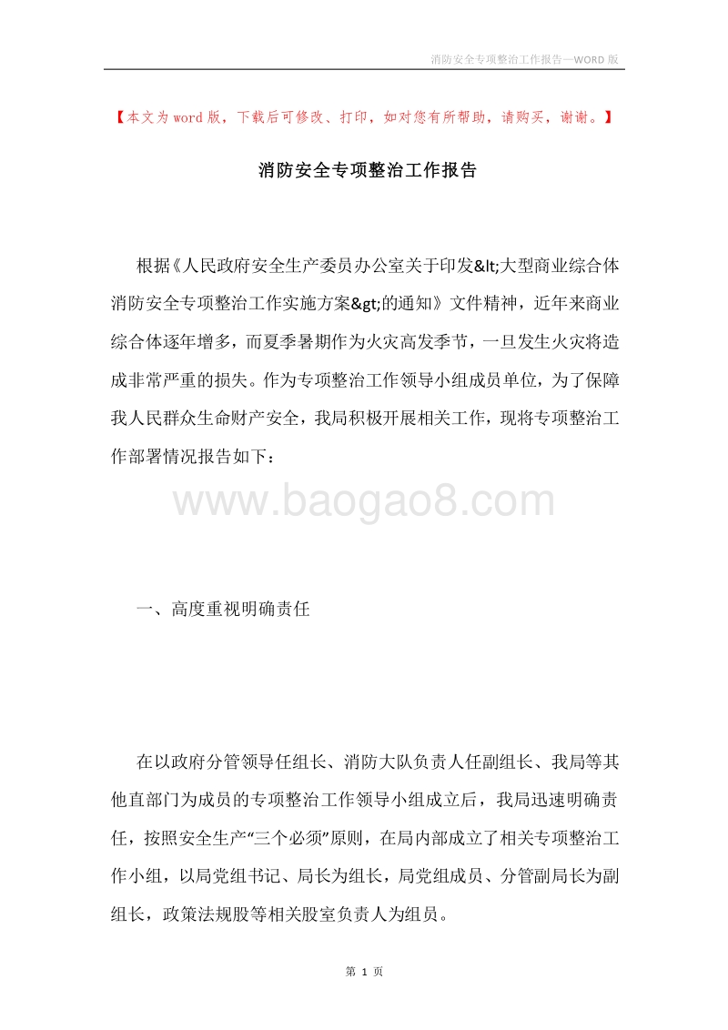 消防安全专项整治工作报告.docx_第1页