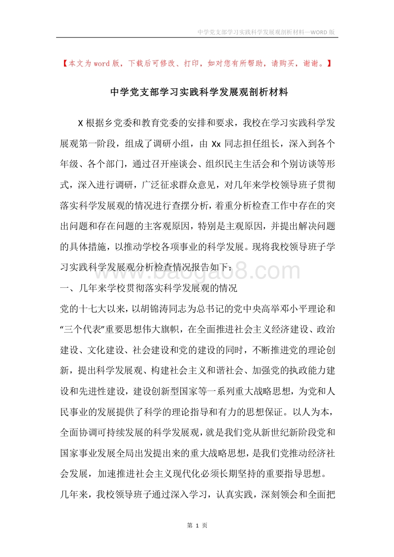 中学党支部学习实践科学发展观剖析材料.docx_第1页