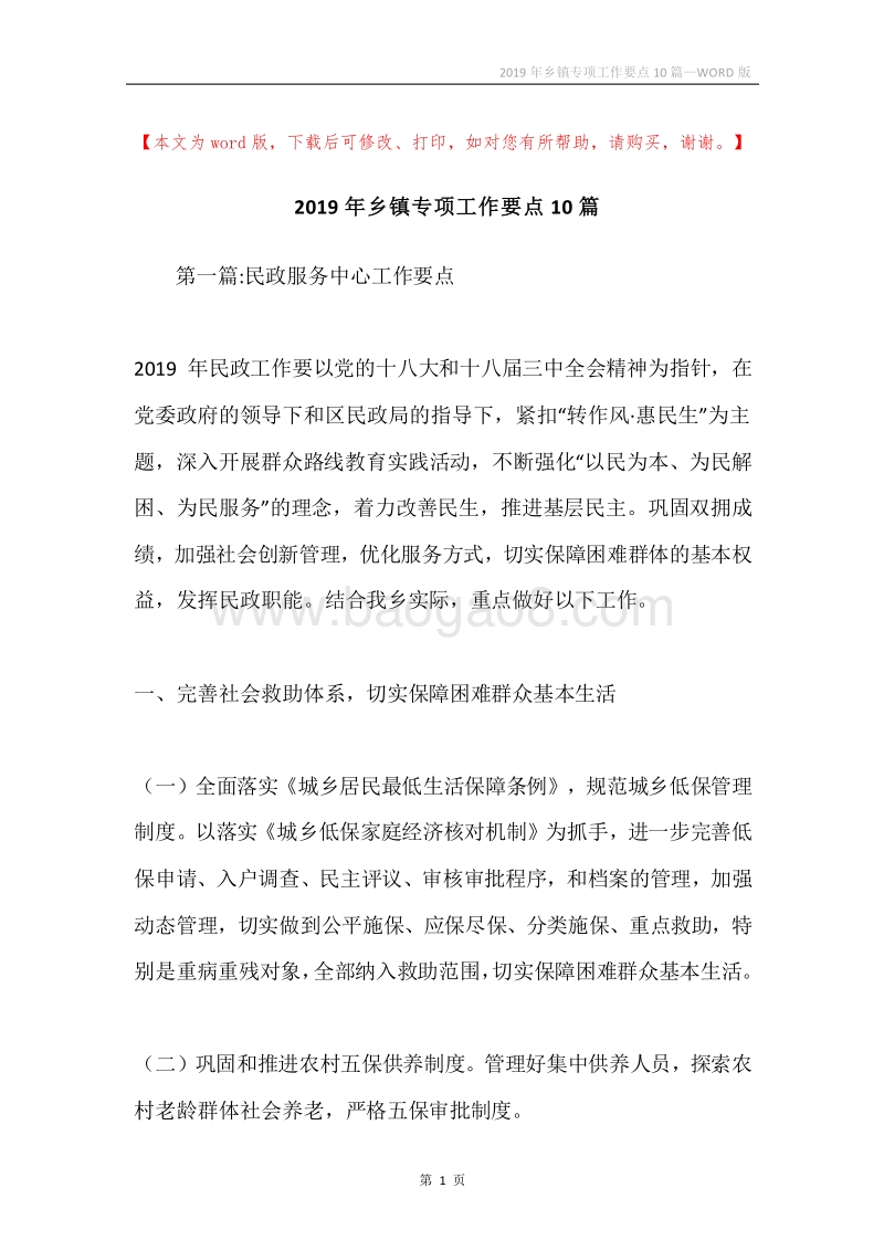 2019年乡镇专项工作要点10篇.docx_第1页