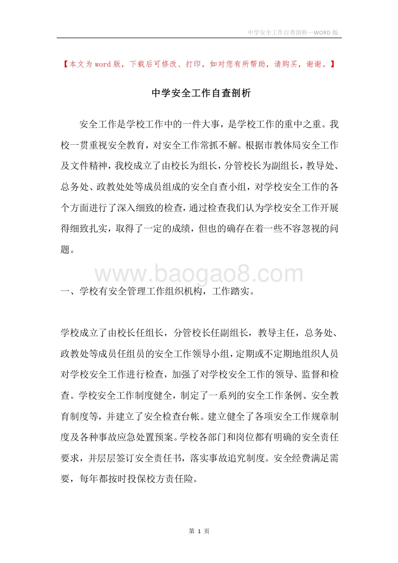 中学安全工作自查剖析.docx_第1页