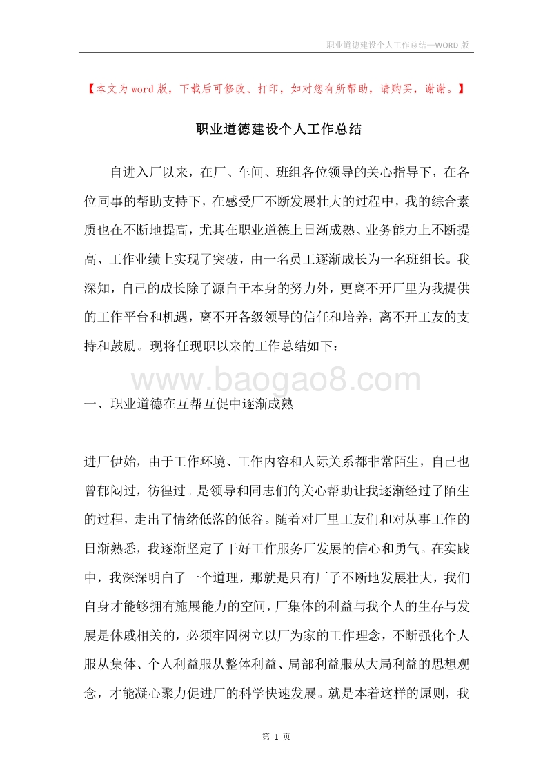 职业道德建设个人工作总结.docx_第1页