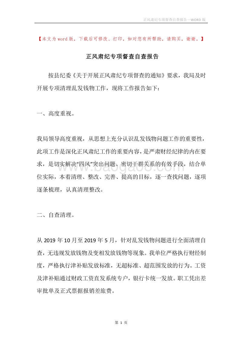 正风肃纪专项督查自查报告.docx_第1页