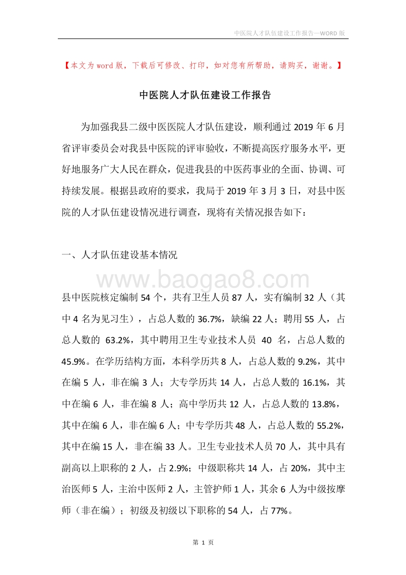 中医院人才队伍建设工作报告.docx_第1页