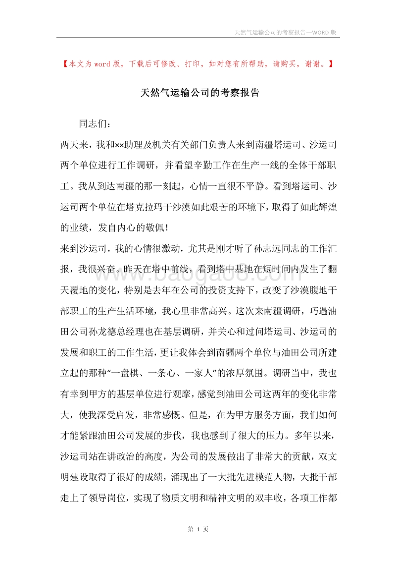 天然气运输公司的考察报告.docx_第1页