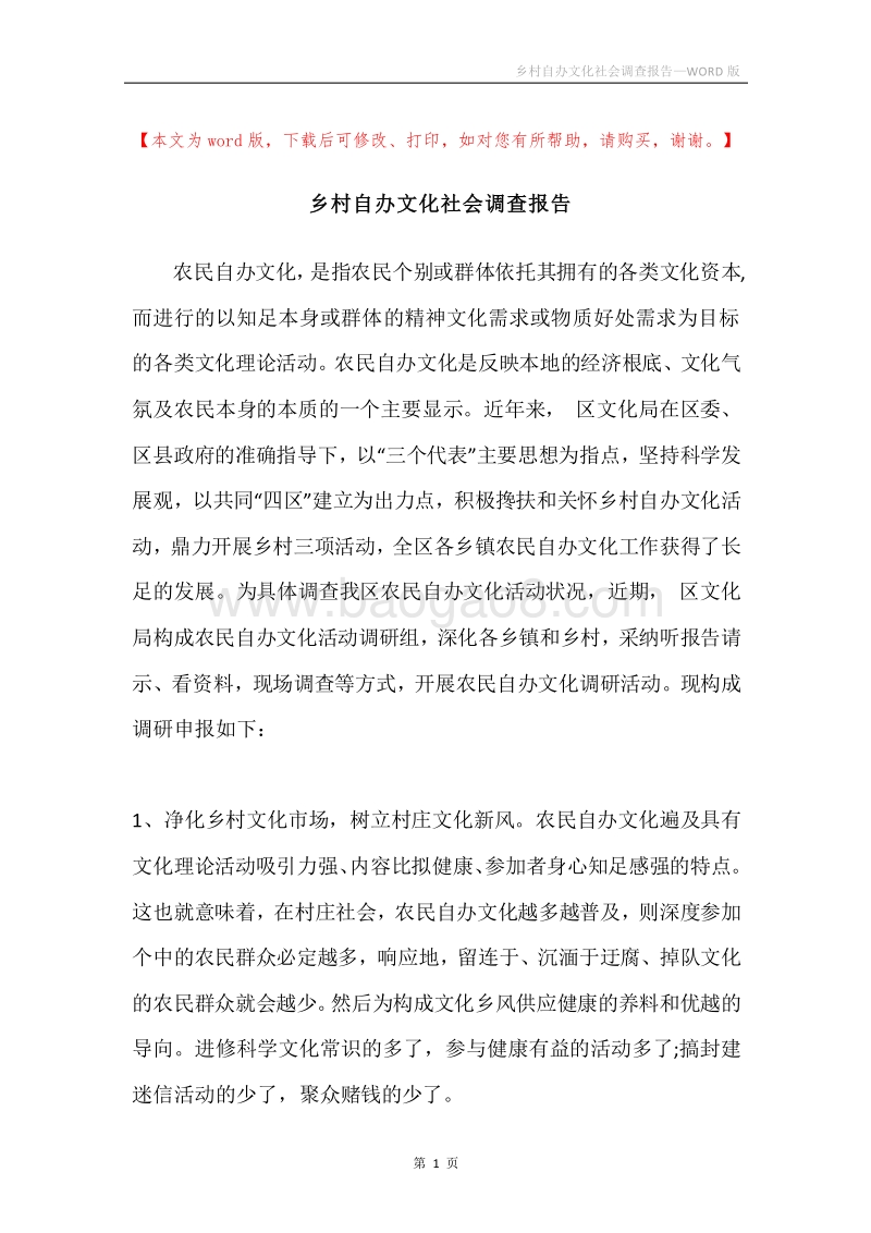 乡村自办文化社会调查报告.docx_第1页