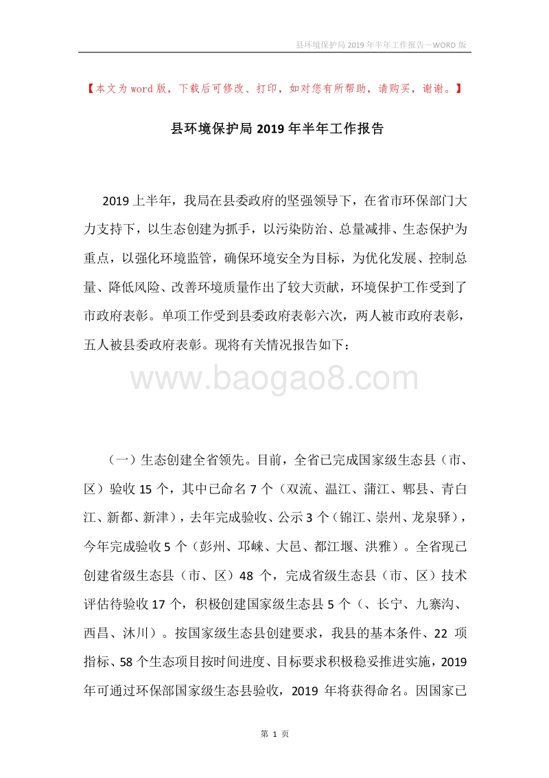 县环境保护局2019年半年工作报告.docx_第1页