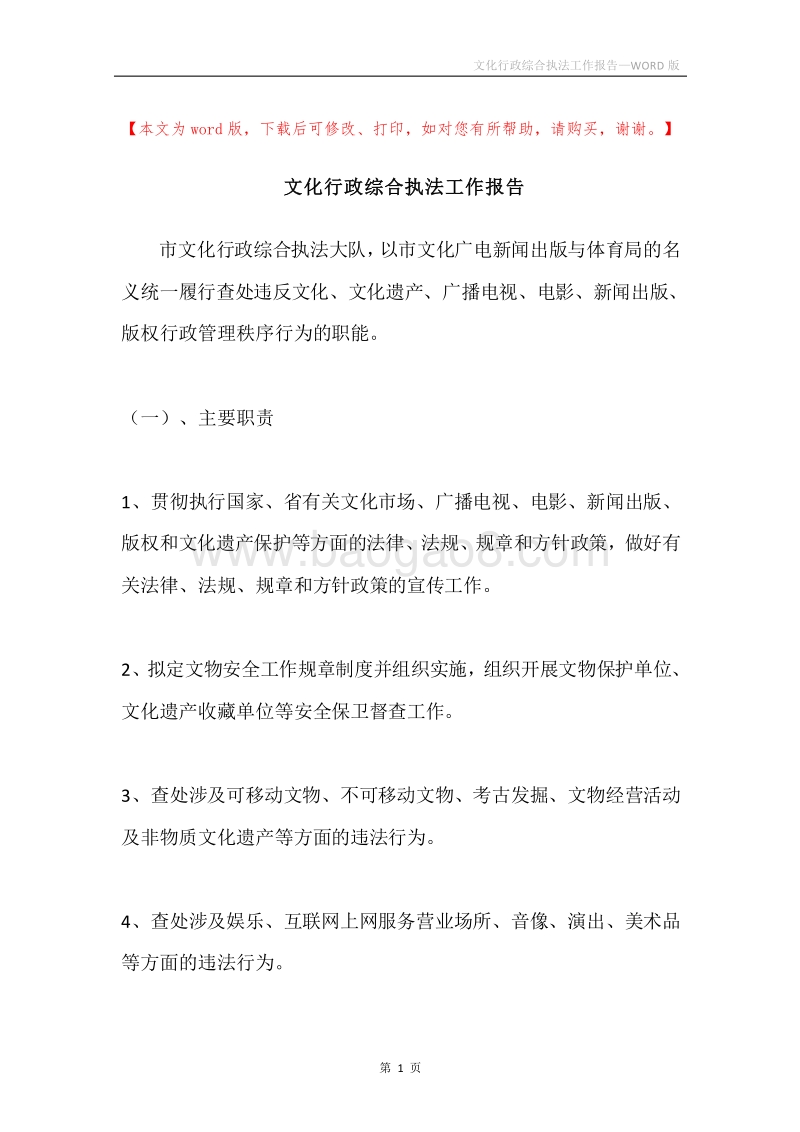 文化行政综合执法工作报告.docx_第1页