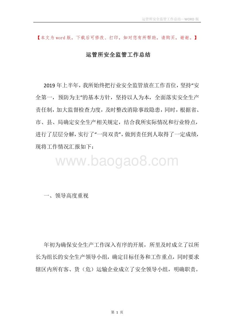 运管所安全监管工作总结.docx_第1页