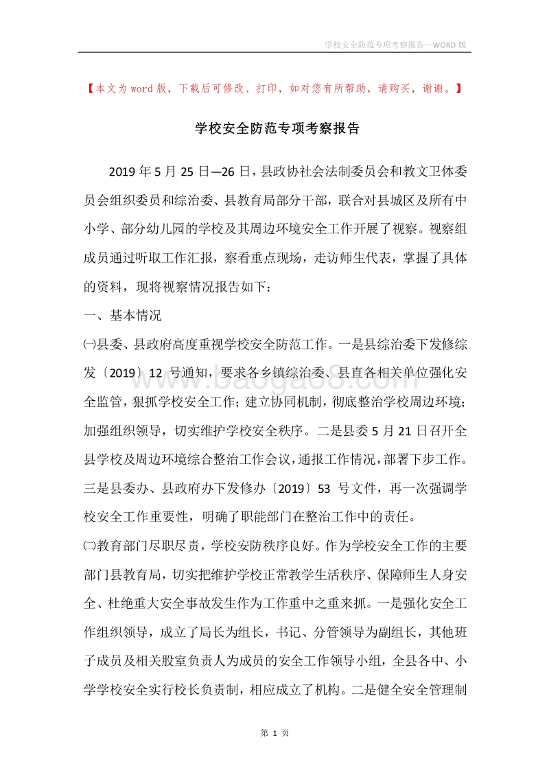 学校安全防范专项考察报告.docx_第1页
