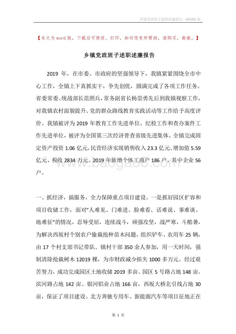 乡镇党政班子述职述廉报告.docx_第1页