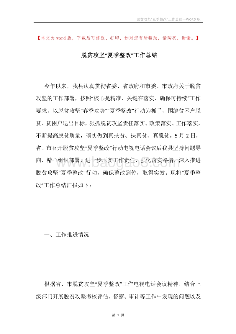 脱贫攻坚“夏季整改”工作总结.docx_第1页