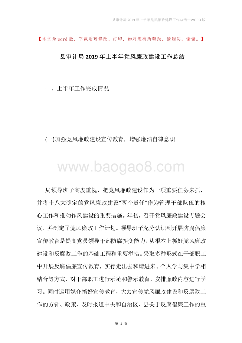 县审计局2019年上半年党风廉政建设工作总结.docx_第1页