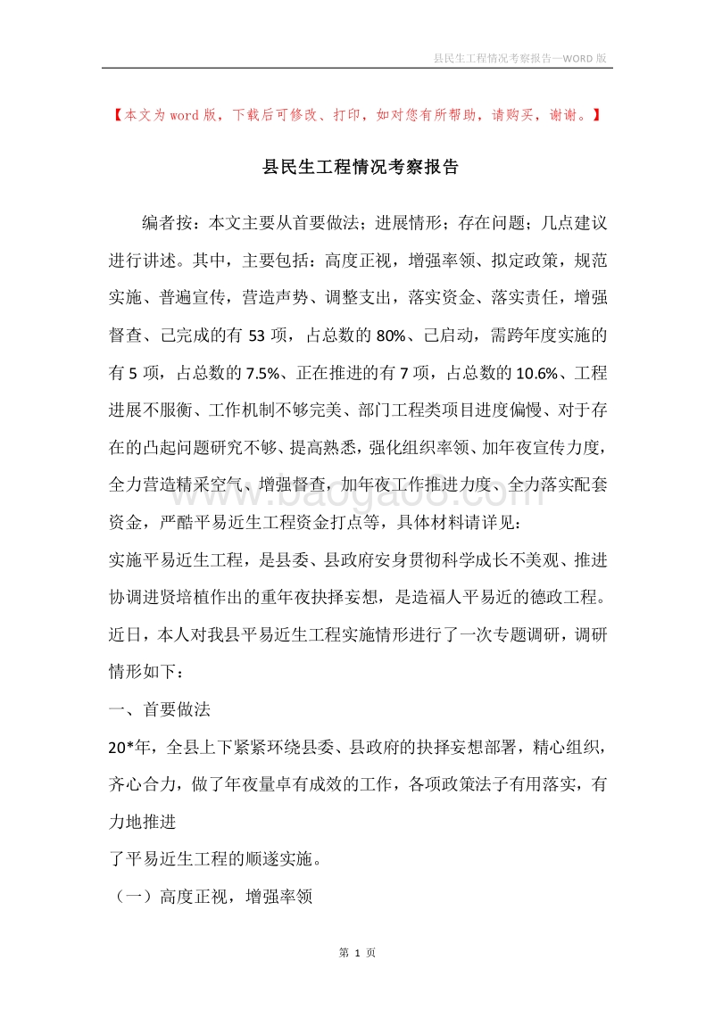 县民生工程情况考察报告.docx_第1页