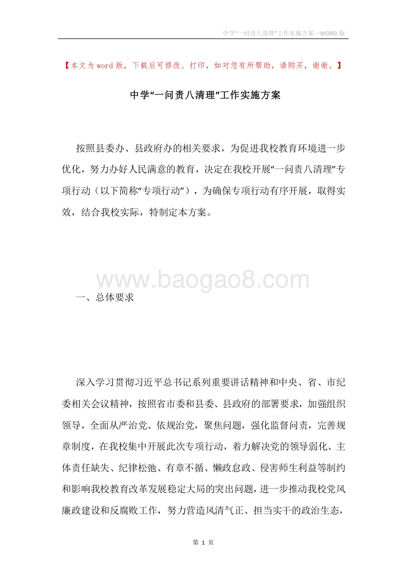 中学“一问责八清理”工作实施方案.docx_第1页