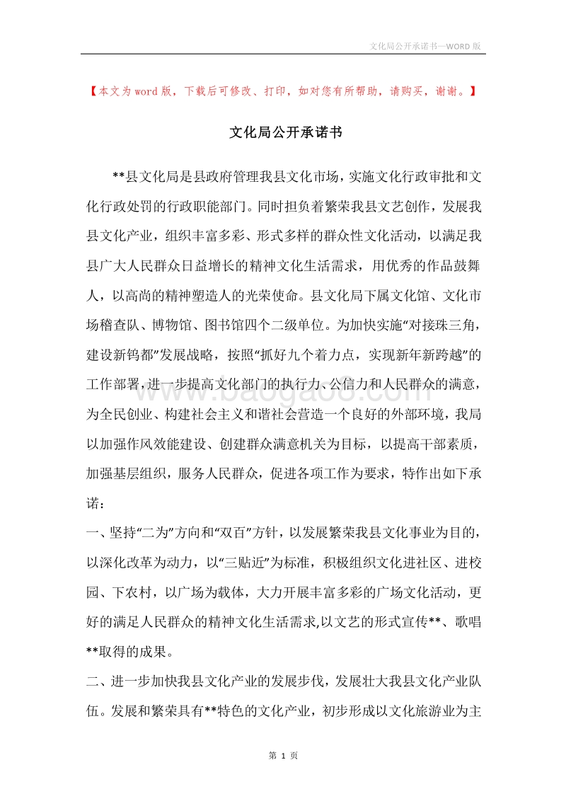 文化局公开承诺书.docx_第1页